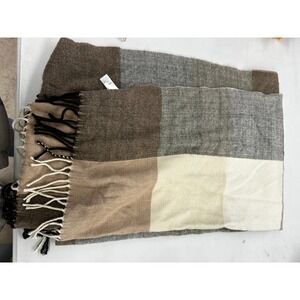 Gap Womens Neutral Colorblock Plaid Fringe Scarf Brown Grey Tan Woven Wrap